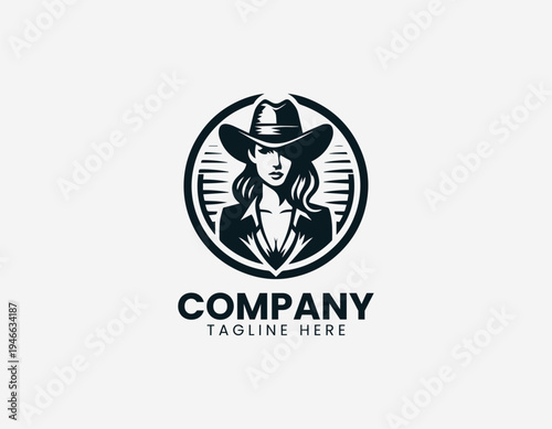 Confident cowgirl portrait wearing wide brim hat in bold modern black vector logo illustration style