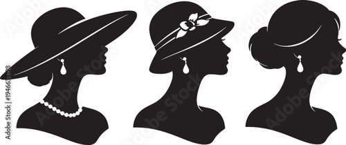 Silhouettes of three women wearing different styles of hats and earrings also transparent background
