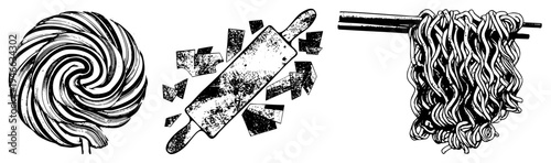 Sweet spiral lollipop, rustic rolling pin with scattered dough pieces, tangled noodles held by chopsticks all stylized in vector art. Sugary treat, kitchen tool, Asian cuisine.