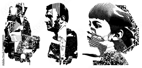 Stylized human profiles rendered in fragmented halftone, graphic design, vector illustration, artistic composition, pop art influence.