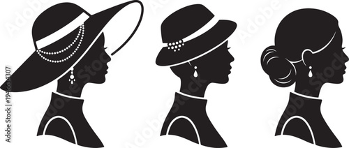 Three silhouettes of women wearing different styles of hats also transparent background wide brim hat