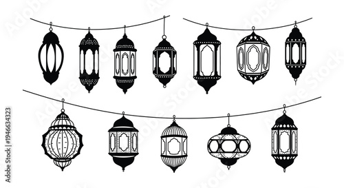 A collection of intricately designed black and white hanging lanterns