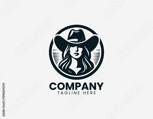 Confident cowgirl portrait wearing wide brim hat in bold modern black vector logo illustration style