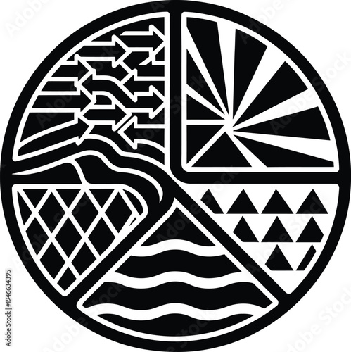 Circular emblem with geometric patterns and flowing lines representing nature and technology abstractly.