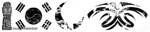 Tribal totem pole, Korean flag, yin yang, moon, abstract tribal design, stylized symbols, cultural motifs, graphic.
