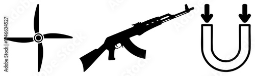 Black silhouette airplane, assault rifle, magnetic U shape with arrows. Vector symbols for engineering, military, or physics contexts.
