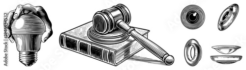 Vintage engraved illustrations hand gripping bulb, gavel on legal book, optical lens. Classic art symbolizing legal & innovation themes.