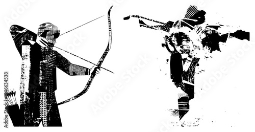 Silhouetted drawing bows, stylized combatants, target practice, arrow shooters, halftone graphic, vector art, black and white illustration.