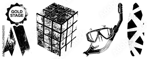 Award ribbon with "Gold Stage" text, Cube puzzle, snorkeling gear, footprint trail all rendered in bold, high contrast vector art.