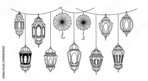 A collection of intricately designed black and white hanging lanterns