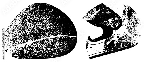 Stylized coffee bean and espresso machine with gritty halftone texture, vector art, isolated graphic, café, black and white design.