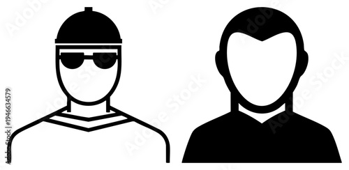 Minimalist vector of people, one wearing sunglasses and helmet, one plain head, both faceless, style, user avatar symbols, digital profile.