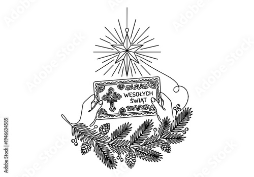 Traditional Polish Christmas Monoline Background with Wafer and Star