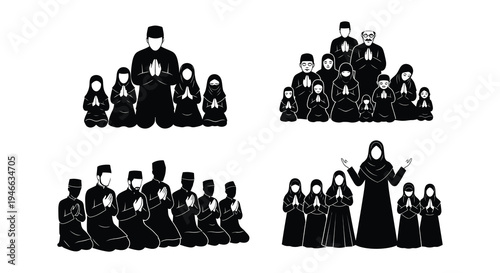 Silhouettes of muslim families praying together in various poses