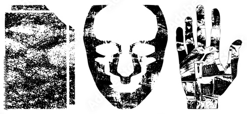 Stylized halftone vector featuring book, skull mask, and open hand gritty texture,, graphic design elements, isolated foreground.