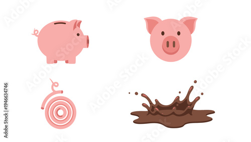 Piggy bank, pig head, tail, and mud splash flat vector icons. Finance, farm animal, saving, and agriculture concepts.