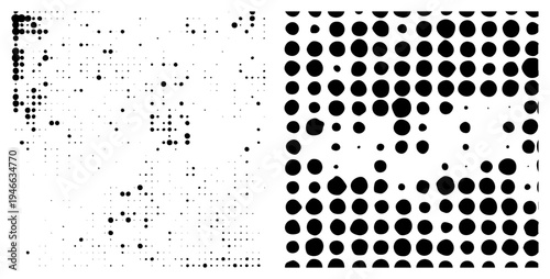 Black circular halftone dots transitioning from sparse to dense arrangement, vector graphic, isolated, design element, digital art.