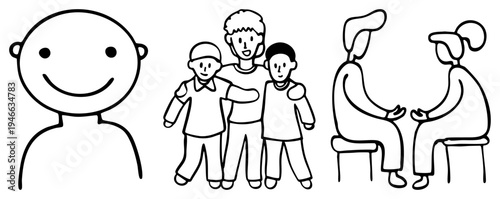 Minimalist stick figure drawing showing happy individual, cheerful family trio, and seated conversational pair, all rendered in clean style.