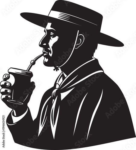 Timeless illustration of a traditional figure enjoying a hot beverage, depicting cultural heritage and classic lifestyle in a bold, vintage-inspired design