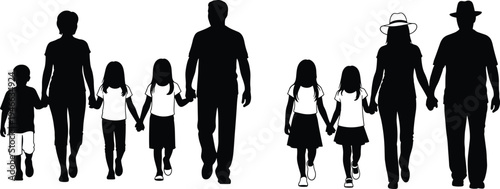 Family silhouettes walking together holding hands, parents with children concept, love, unity, parenting, happy family lifestyle isolated on white background
