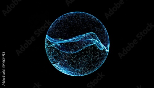 Abstract digital sphere of swirling blue particles on a black backdrop