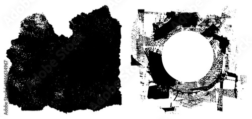 Grunge style ink blot textures with halftone circle motif, distressed vector art, graphic design element, gritty aesthetic, abstract composition.