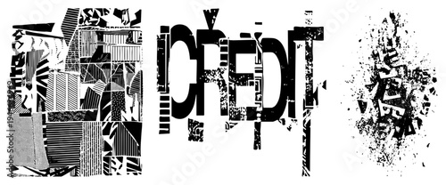 Broken letterforms, halftone, geometric ideal for /street art. Synonyms typographic collage, distressed lettering, fragmented text art.