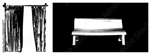 Textured curtains hanging from rod, wooden bench with slatted seat, halftone style, black and white vector, minimalist decor, interior design elements.