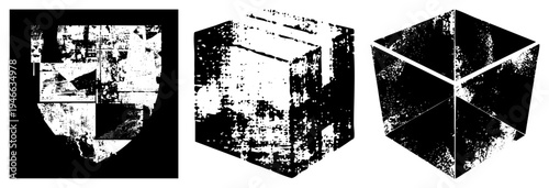 Vectorized fractured forms, glitched geometry, grunge styled cuboids, halftone, digital distortion art, fragmented shapes, stylized abstract design.