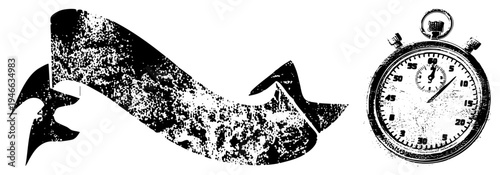 Retro stopwatch with analog dial and grunge style banner, vector illustration, timekeeping, graphic design assets, black and white textures.