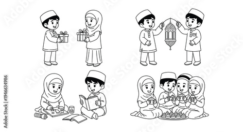 Children celebrating with gifts lanterns and food during a festive occasion