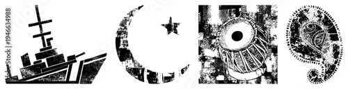 Stylized symbols including naval vessel, moon with star, traditional drum, and ornate paisley all rendered in textured vector art.