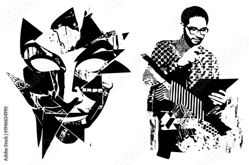 Fragmented mask with sharp angles, stylized musician holding instrument, halftone textures, graphic art, vector silhouette, artistic expression, black and white design.