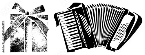 Festive gift wrapped with ribbon bow, musical instrument, holiday present, vintage music, black and white halftone graphic.