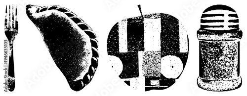 Retro halftone dining items including fork, pastry,, salt shaker, stylized food, print, vector graphic.