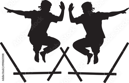 Dynamic silhouette illustration of two synchronized figures gracefully leaping over training hurdles, showcasing agility and precision in their movements