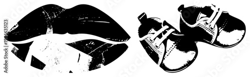 Bold black and white lips and infant shoes rendered in graphic style, halftone texture, isolated elements, artistic composition, vector illustration.