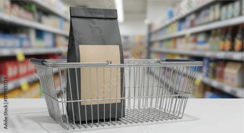 A shopping basket with a bag of coffee and a small box in a grocery store aisle