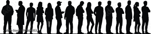 Diverse people silhouettes standing in line together, community crowd concept, social diversity, teamwork and society isolated on white background
