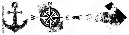 Maritime symbols including anchor, compass rose with cardinal points, and directional arrow, all with distressed black and white texture. Nautical, navigation tools, vintage sea motifs.