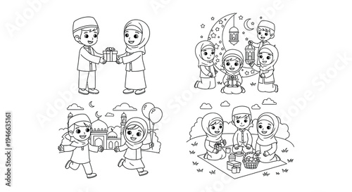 Children celebrating with gifts lanterns and food during a festive occasion