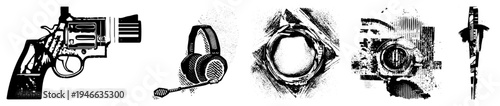 vector of a revolver, headset, camera lens, watch, and sword, rendered in halftone texture, isolated graphic elements, flat design.