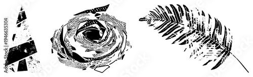 Graphic design featuring stylized geometric forms and a fern leaf, rendered in high contrast halftone, ideal for modern print or digital.