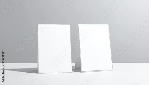 Two blank white vertical table signs, set against a grey background