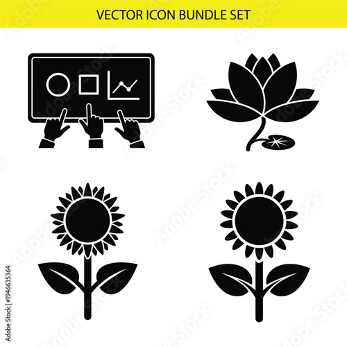 Set of 4 black vector icons: flowers, business presentation