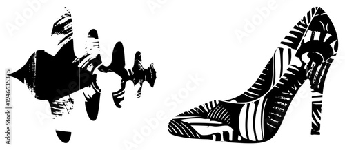 Fashionable stiletto heel shoe with bold brushstroke textures, graphic silhouette, modern art design, footwear illustration, bold black and white contrast.