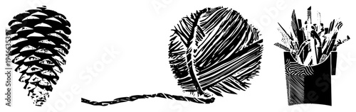 Artistic black ink illustrations of pinecone, yarn ball, and pencil collection, stylized with sketchy strokes and halftone textures, ideal for craft or stationery design.