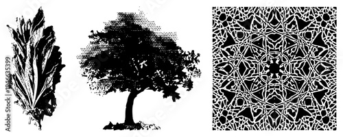 Stylized botanical leaf, halftone tree silhouette, intricate geometric mandala. Vector art set, isolated elements, graphic design assets, illustration.