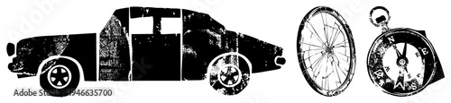 Retro vehicle silhouette, distressed bike rim, directional compass, graphic, travel and adventure, vintage design elements, grunge texture.