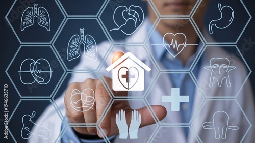 Doctor activates a home healthcare icon within an advanced holographic interface displaying medical.